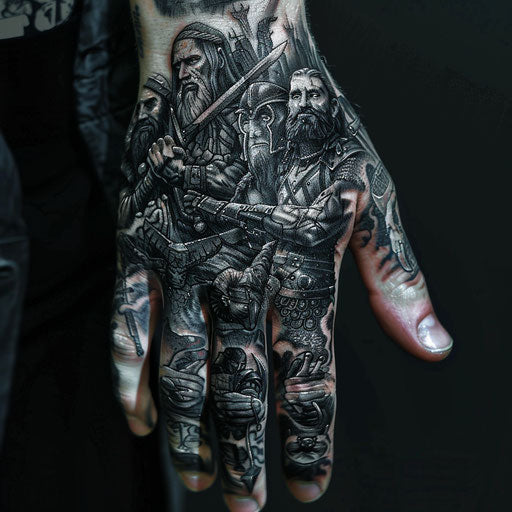 Men's hand tattoo depicting epic fantasy warriors