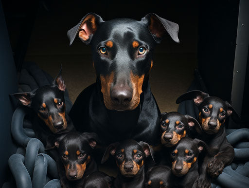 Black dog with 4 puppies, controlled chaos maroon and blue