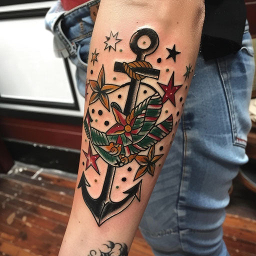 Classic sailor tattoo with anchors and nautical stars