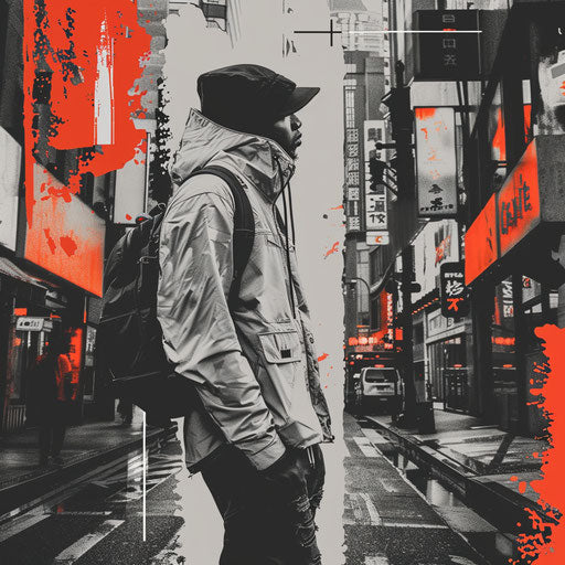 Streetwear clothing logo with bold typography and urban background