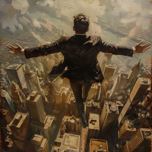 Triumphant businessman overlooking a city