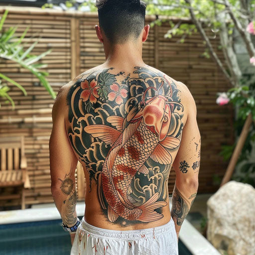 Vibrant Japanese-inspired back tattoos for men with koi fish and cherry blossoms