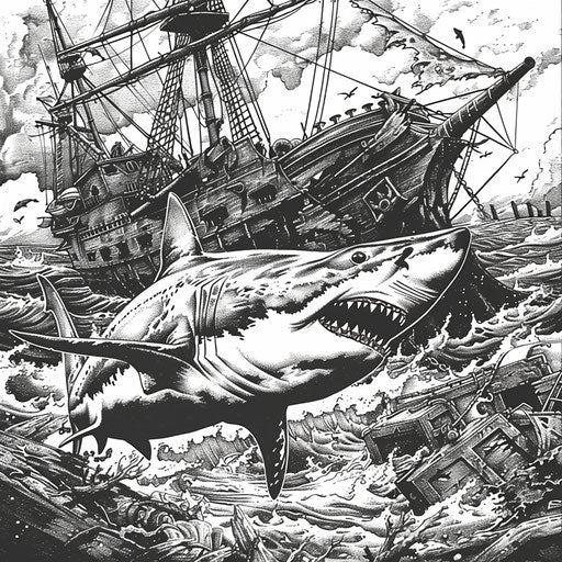 Realistic shark near shipwreck - Coloring book page