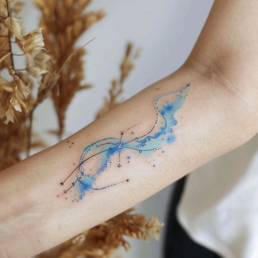 Tranquil flat tattoo sketch of Aquarius constellation with gentle watercolor waves
