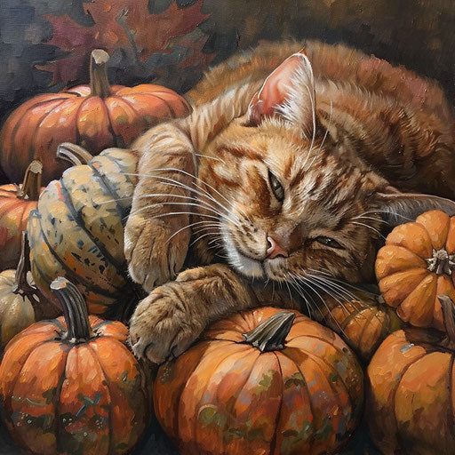 Brown cat resting with pumpkins