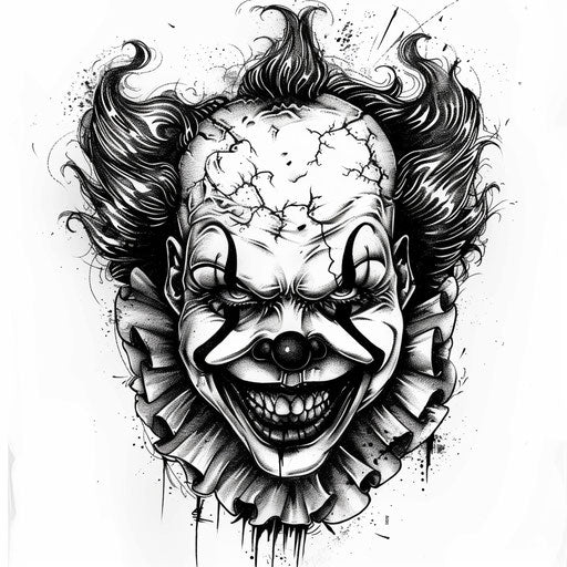 Intricate black and white clown face design