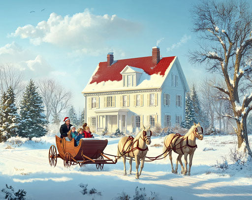 White house with red roof in snow with children on sleigh pulled by horses and parents in winter