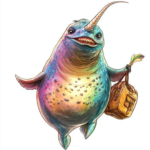 Humorous caricature of a narwhal caricature clipart with human traits, thin exaggerated lips, muscular arms, carrying a bag, vibrant colors, cartoon style, smiling, high resolution, no background, isolated -c 40