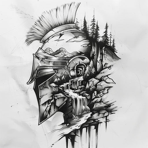 Sketch of a serene spartan helmet tattoo with tranquil landscapes and flowing rivers