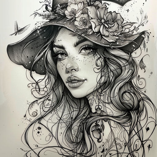 Witch tattoo ideas and designs in art, expressive line drawings style