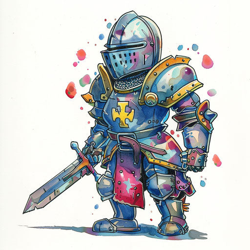Whimsical tattoo sketch of a cartoonish knight with oversized armor, bright and playful colors
