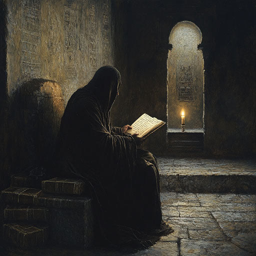 Solitary monk reading Christmas story in a monastery