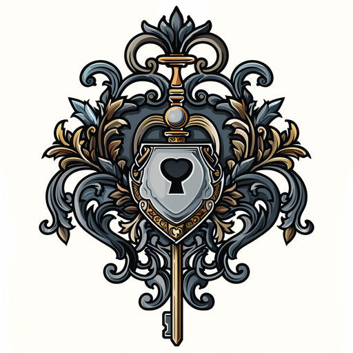 Flat tattoo sketch of a lock and key, symbolizing family bonds, in silvers and golds