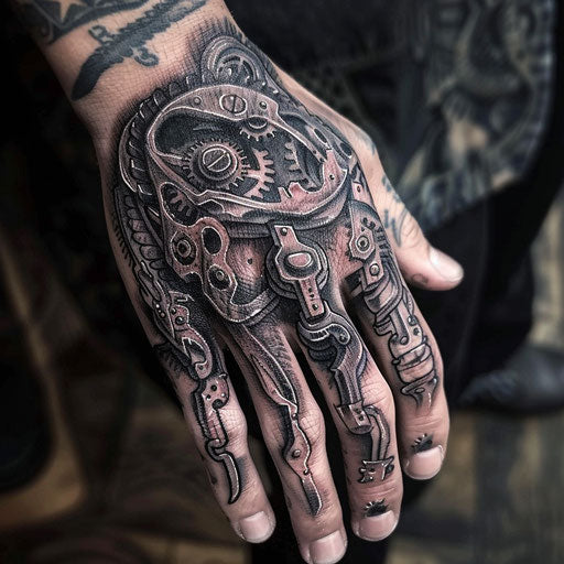 men's finger tattoos in Adrian Smith style with mechanical gears