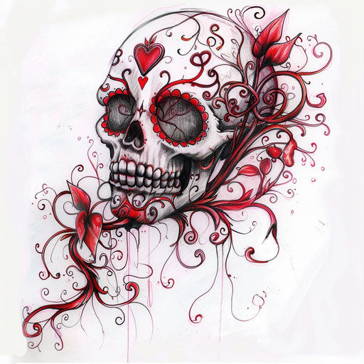 Sugar skull with heart-shaped nose and vines flowing from mouth