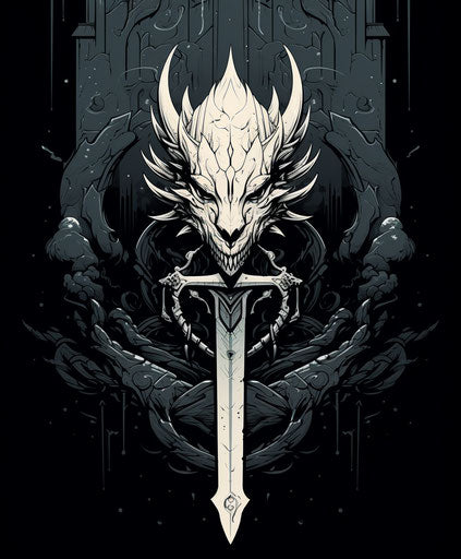 Dragon sword in white ink, misty gothic style