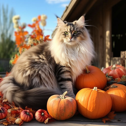 A siberian cat resting with pumpkins