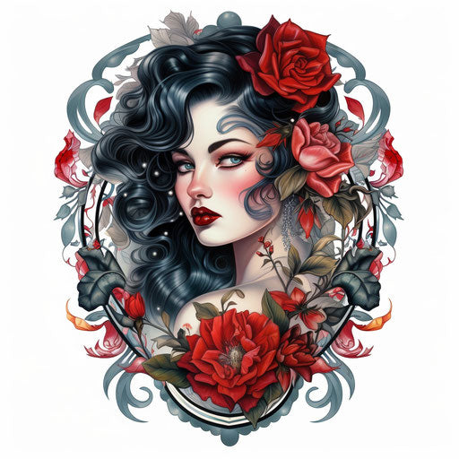 Shabby chic girl art in tattoo style, dark silver and crimson, 1920s