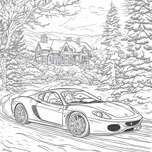 Ferrari in a winter scene, Jan Brett style, intricate coloring page
