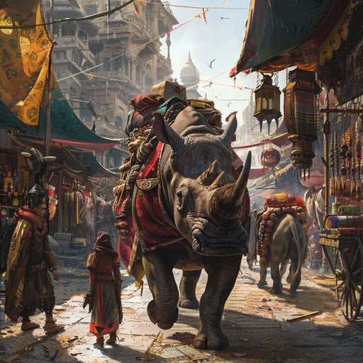 A rhino leading a caravan in an exotic marketplace