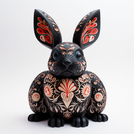 Black rabbit with floral pattern on white background, intricate cut-outs style