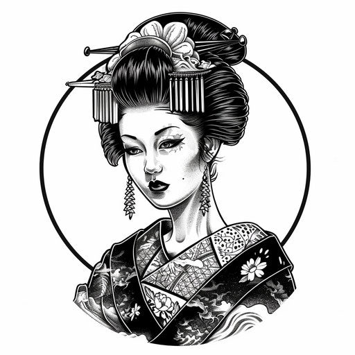 Black and white geisha tattoo illustration, ink style, detailed