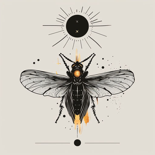 Sophisticated sketch of a firefly with minimalist design and gold accents