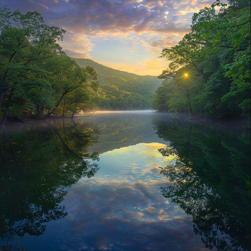 Serene lake reflecting the majesty of the Ozark Mountains at dawn