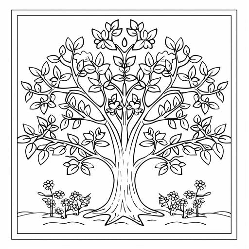 Budding tree with flowers, coloring book page
