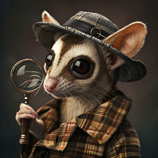 A flying squirrel in a detective hat investigating with a magnifying glass
