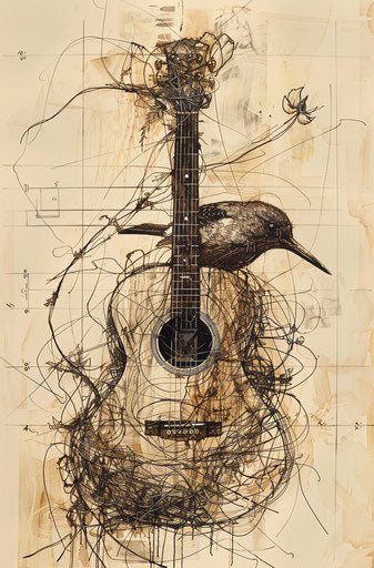 Interwoven acoustic guitar and bird, contemporary minimalist sculpture