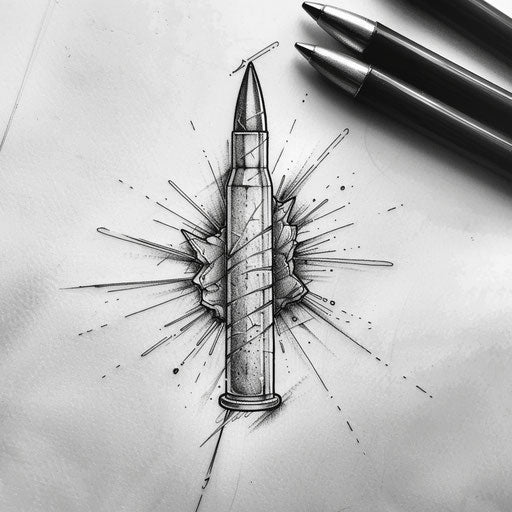 Bold flat sketch of a bullet with dramatic, detailed impact marks