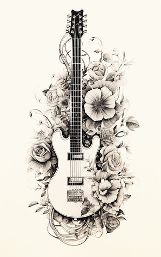 Electric guitar ink drawing, tattoo style romantic themes