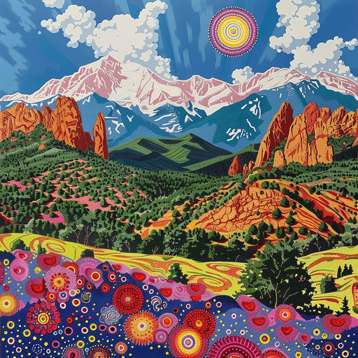 Colorful Rocky mountains in yayoi kusama style