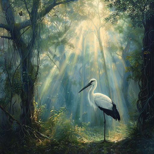 Wood stork in a mystical glade