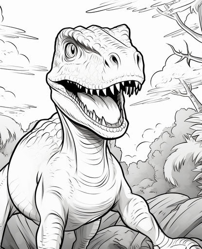 Animated dinosaur coloring page, Thomas Sully style, exuberance 25:31