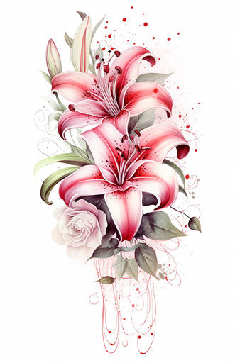 Rose and lily tattoo on white background, dark silver and light red style, holotone printing, dark pink and red, naturecore, rusticcore, feminine sensibilities, magewave 11:17