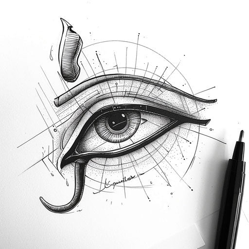 Minimalist sketch of the Eye of Horus, fine lines and geometric shapes on pure white canvas