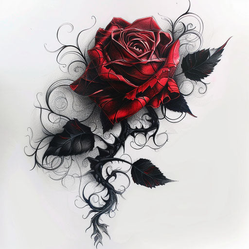 Gothic tattoo sketch of a red rose with dark shadows and intricate blackwork
