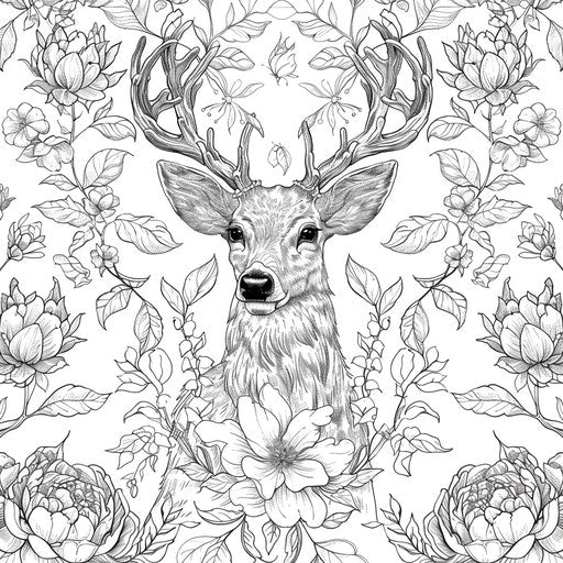 Intricate design with deer surrounded by foliage and flowers. Coloring page