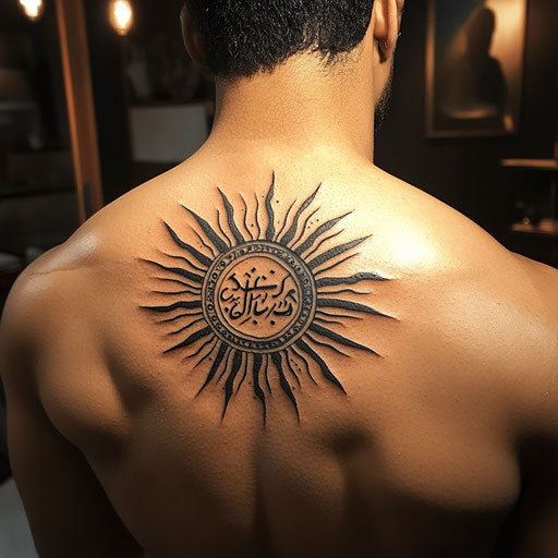 Arabic tattoo with sunburst design