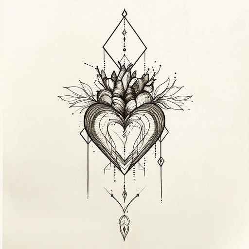Geometric heart with fine linework for sternum tattoo women