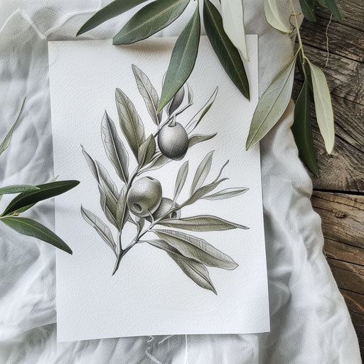 Realistic olive branch tattoo design, leaves and olives