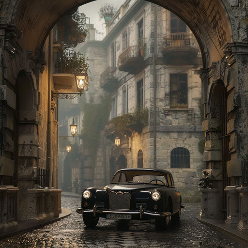 Graceful luxury sedan driving through an old European city street