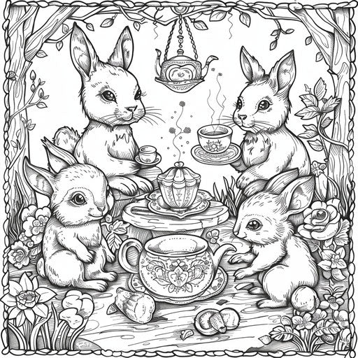 Charming woodland animals having tea in the style of a Jen Bartel coloring book page