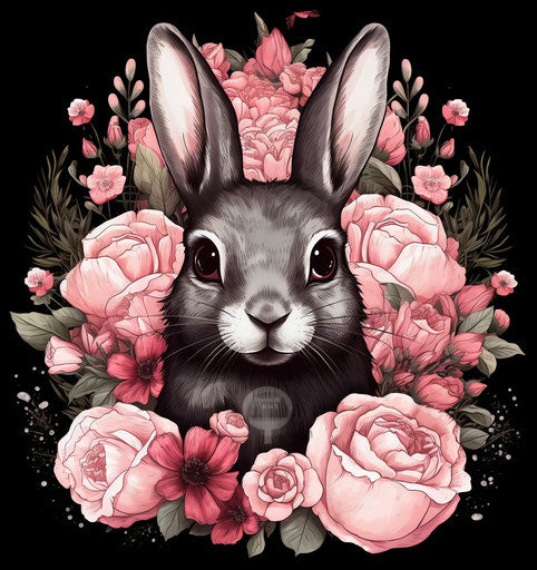 Black rabbit with flowers - vector illustration