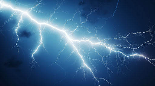 Isolated lightning strike on blue background, detailed texture