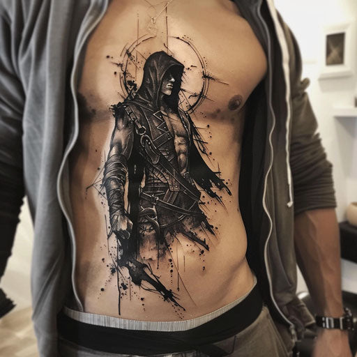 Men's rib tattoos dark fantasy, David Palumbo style