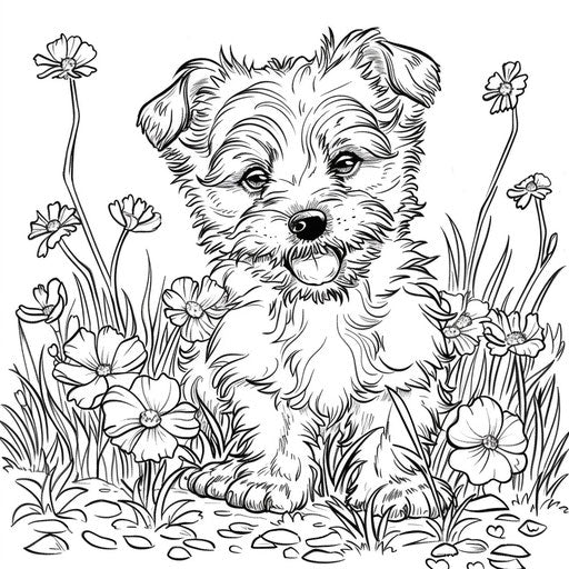 Cute puppy in a field of flowers