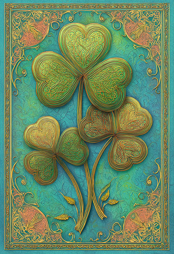 Celtic knot design with shamrocks on a vibrant background